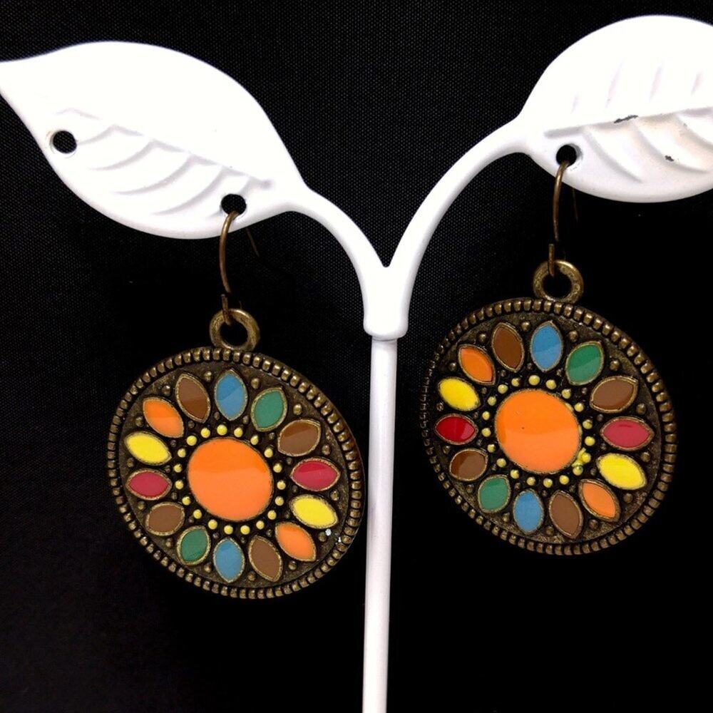 Vintage Enamel Drop Flower Earrings, Red Yellow Blue Orange Brown,1970s - Picture 2 of 10